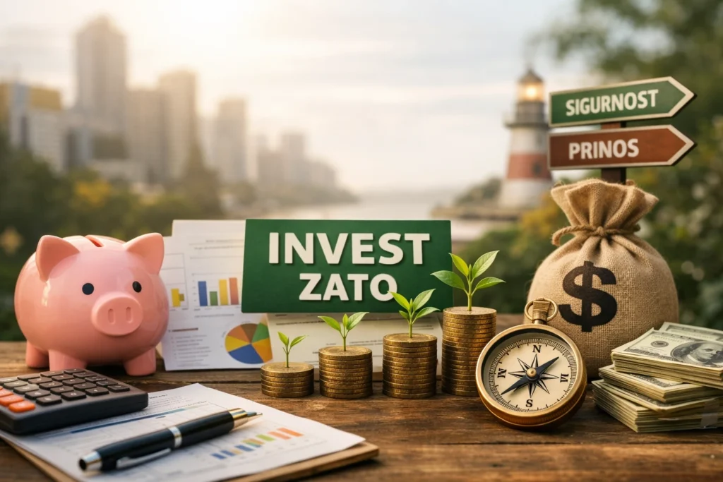 Invest zato - gomile novčića sa biljkama koje simbolizuju rast investicija, kompas i znak „Invest Zato“ na drvenoj površini uz pozadinu grada i svetionika.