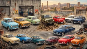 Kolaž legendarne 14 istočnoevropske čelične zveri ispred retro garaže uključujući modele Fića, Yugo, Lada i Trabant za sredi-uredi.online