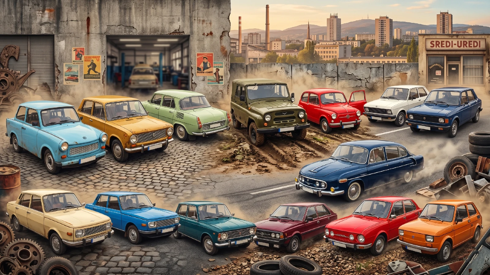 Kolaž legendarne 14 istočnoevropske čelične zveri ispred retro garaže uključujući modele Fića, Yugo, Lada i Trabant za sredi-uredi.online