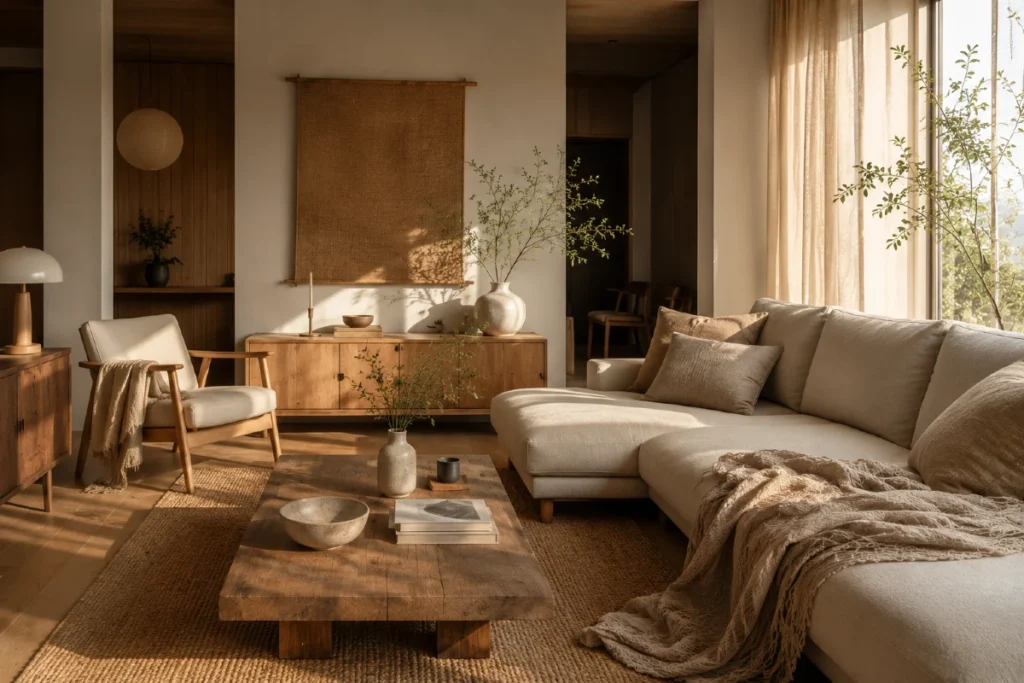 Mirni enterijeri: 8 stilova zbog kojih domovi konačno izgledaju mirno, toplo i luksuzno 13 Japandi i Warm Minimalism dnevna soba sa krem sofom, drvetom, lanenim teksturama i toplim prirodnim svetlom