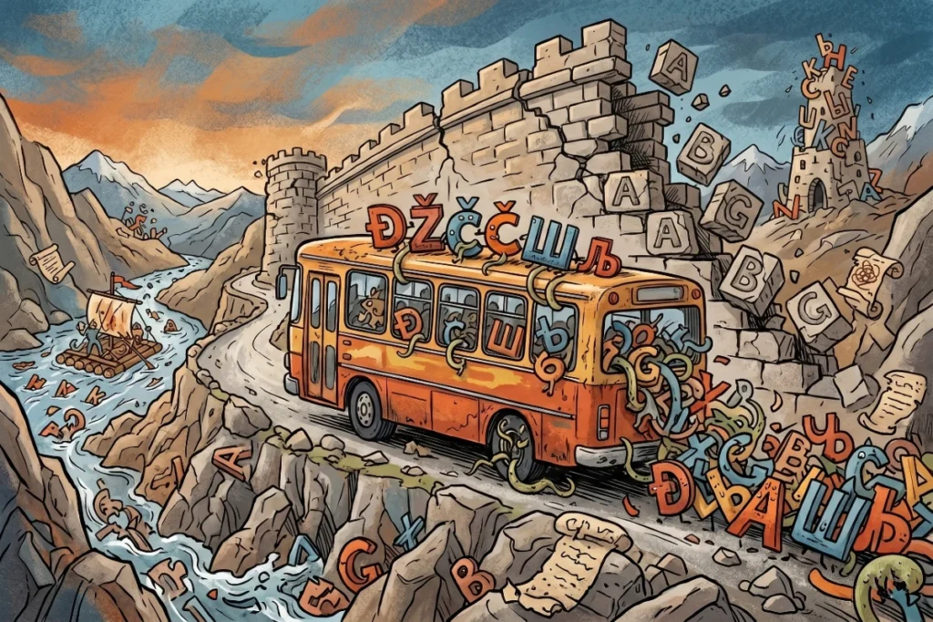 30 slova koja prave problem, nula logike 7 Ilustracija žutog autobusa na planinskom putu koji gubi velika ćirilična slova iz otvorenih zadnjih vrata, srušeni zid tvrđave sa latiničnim slovima u pozadini.