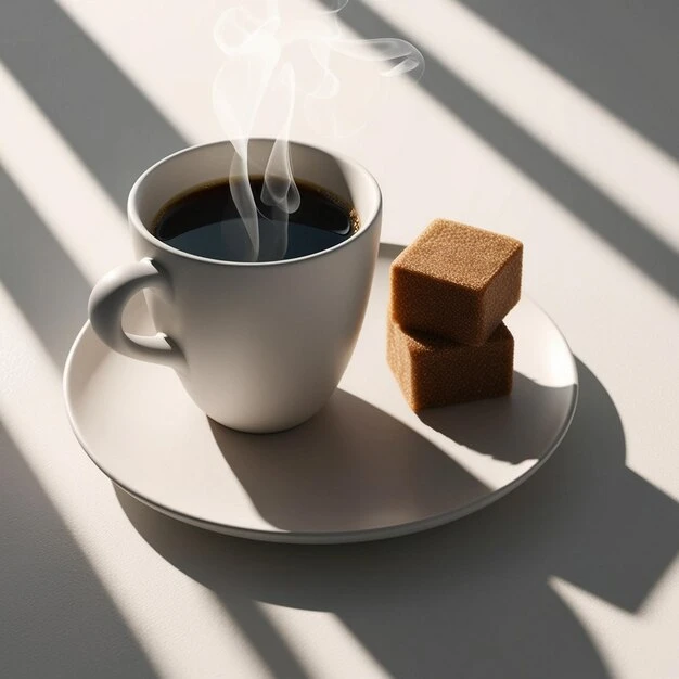Bela šolja kafe sa smeđim šećerom na tanjiriću, obasjana sunčevim zracima kroz roletne – minimalistička scena koja simbolizuje jutarnji ritual i fokus.