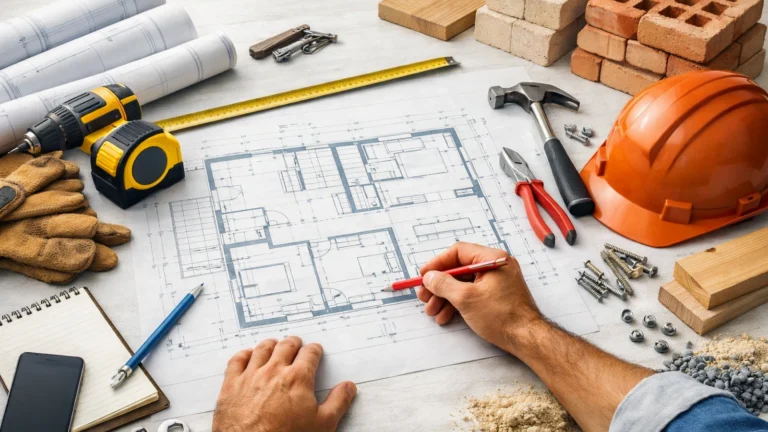 Pouzdan majstor — planiranje radova, alat, nacrti i građevinski materijali na stolu.