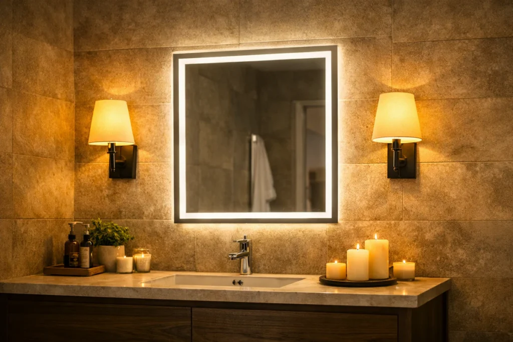 Kako izabrati rasvetu za svaki deo doma - Kompletan vodič kroz 11 pravila 4 Elegantno kupatilo sa LED ogledalom i zidnim lampama sa toplim svetlom koje stvaraju prijatnu atmosferu.