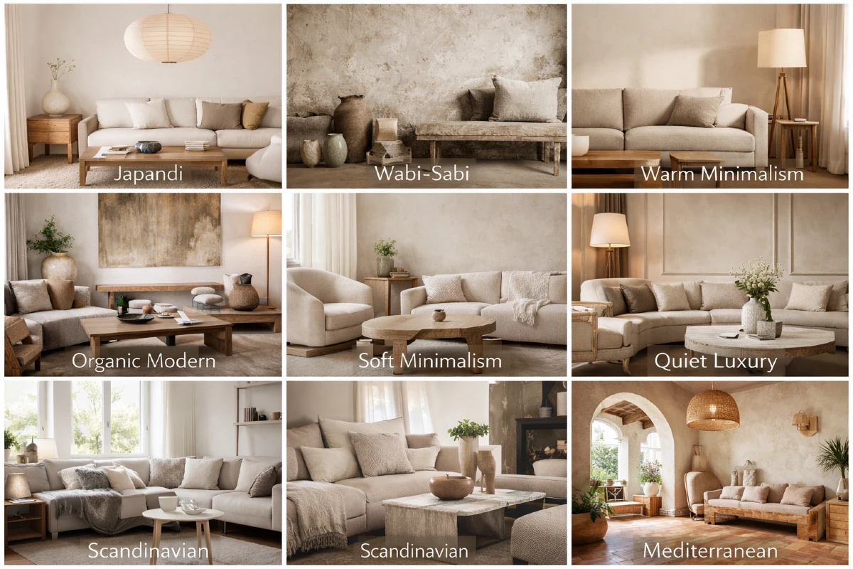 Mirni enterijeri: 8 stilova zbog kojih domovi konačno izgledaju mirno, toplo i luksuzno 4 Kolaž osam stilova uređenja enterijera — Japandi, Wabi‑Sabi, Warm Minimalism, Organic Modern, Soft Minimalism, Quiet Luxury, Scandinavian i Mediterranean — harmoničan, topao i prirodan prikaz mirnih enterijera sa bež nazivima.