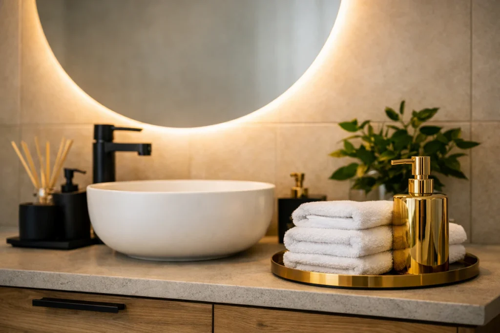 Detaljan prikaz modernog kupatila sa belim lavabo posudom, crnom baterijom, zlatnim dozatorom i uredno složenim peškirima – kupovina kupatilske opreme