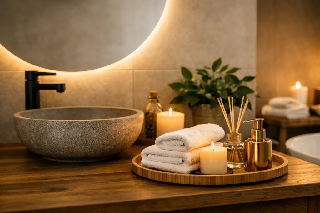 Spa‑inspirisano moderno kupatilo sa kamenim lavabo posudom, drvenim pultom, svećom, difuzerom i zelenom biljkom – kupovina kupatilske opreme