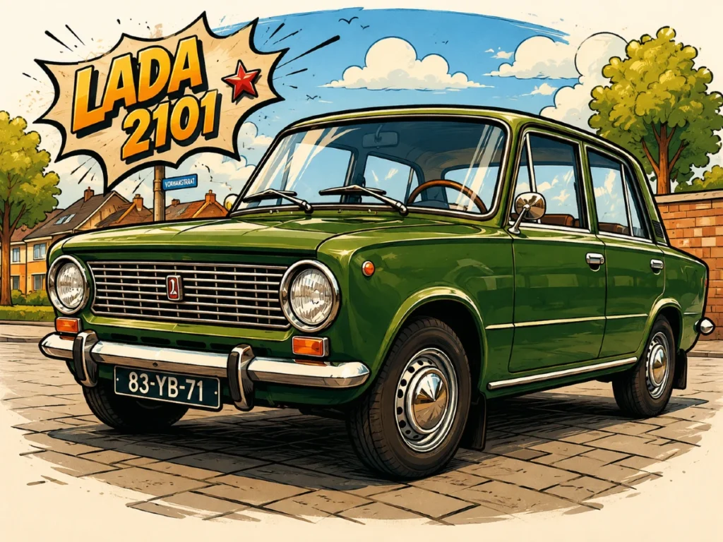 Karikaturalni prikaz zelene Lade 2101 u retro crtanoj ilustraciji sa vintage sovjetskim automobilskim stilom