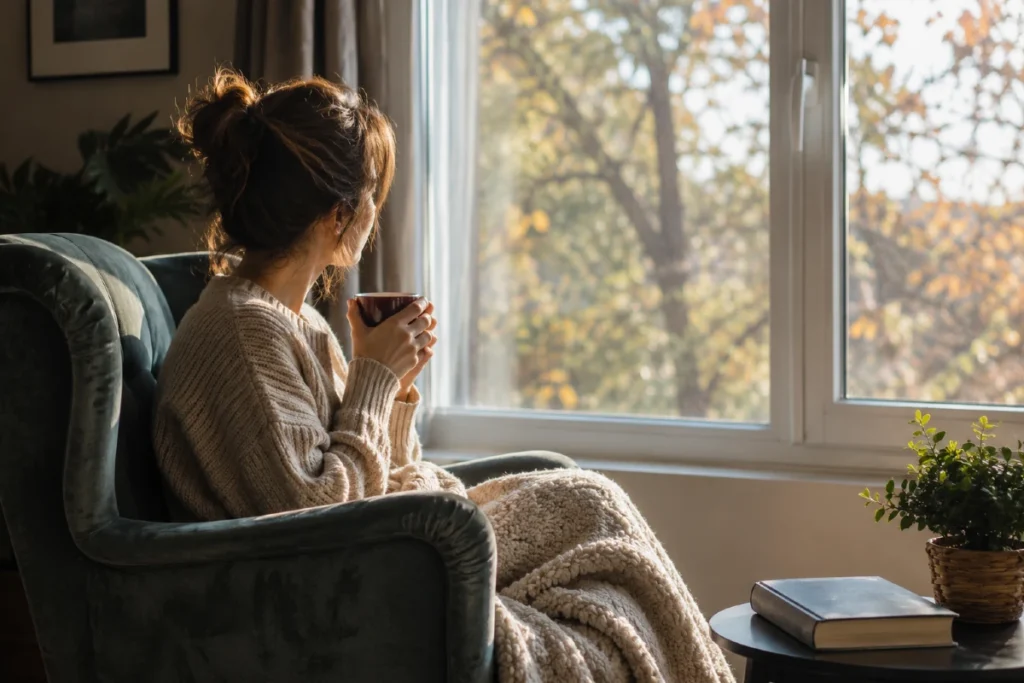 Mentalni reset u mirnoj kućnoj atmosferi — osoba sedi kraj prozora sa šoljom čaja i odmara mozak bez telefona i digitalne buke