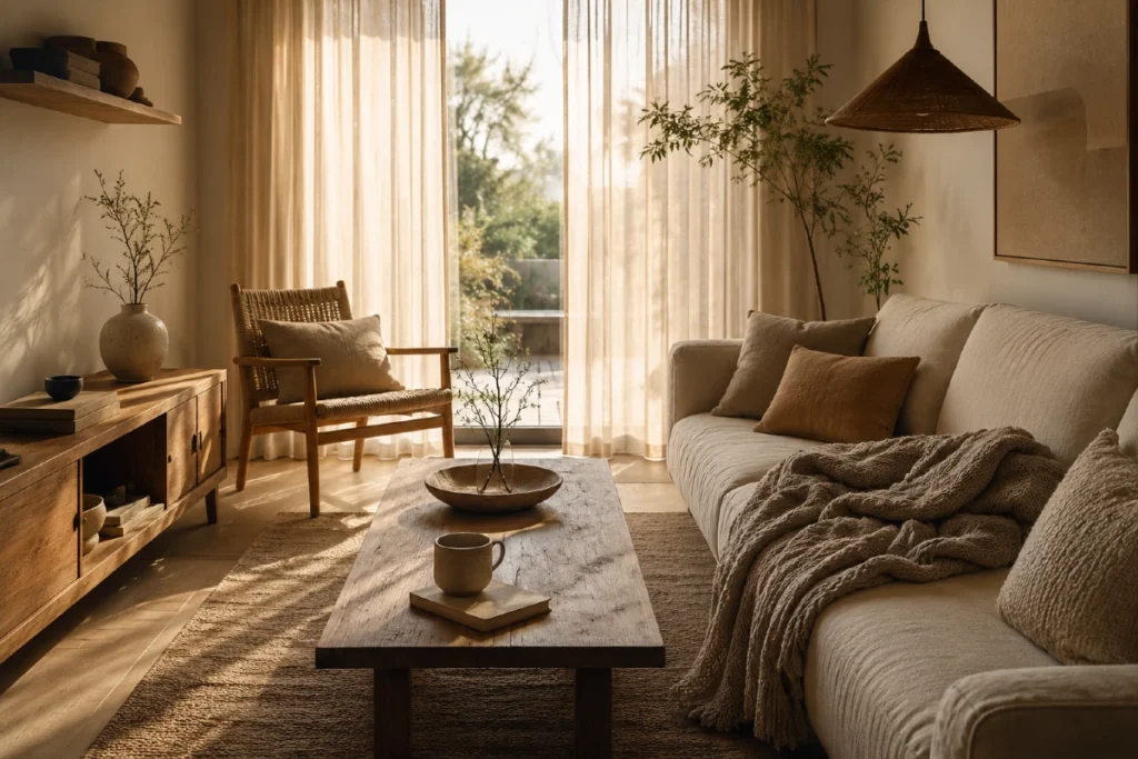 Mirni enterijeri: 8 stilova zbog kojih domovi konačno izgledaju mirno, toplo i luksuzno 1 Mirni enterijeri u Japandi i Warm Minimalism stilu sa toplim prirodnim svetlom, drvetom, lanenim zavesama i cozy atmosferom dnevne sobe