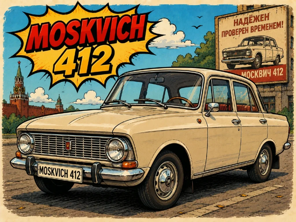 Karikaturalni prikaz modela Moskvich 412 u retro comic ilustrativnom stilu sa vintage sovjetskim automobilom