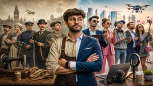 Ilustracija koja prikazuje kontrast između starih i modernih zanimanja, podeljena scena sa tradicionalnim radnicima i savremenim profesionalcima u digitalnom okruženju.