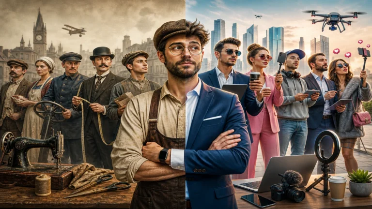 Nekad i sad: 10 zanimanja koja su promenila ime (i smisao, ali ne baš i suštinu) 20 Ilustracija koja prikazuje kontrast između starih i modernih zanimanja, podeljena scena sa tradicionalnim radnicima i savremenim profesionalcima u digitalnom okruženju.