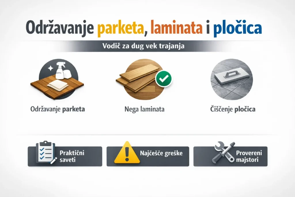 10 trikova za održavanje parketa, laminata i pločica - Mala enciklopedija velikog sjaja 3 Infografik održavanja parketa laminata i pločica – praktični saveti, najčešće greške i provereni majstori