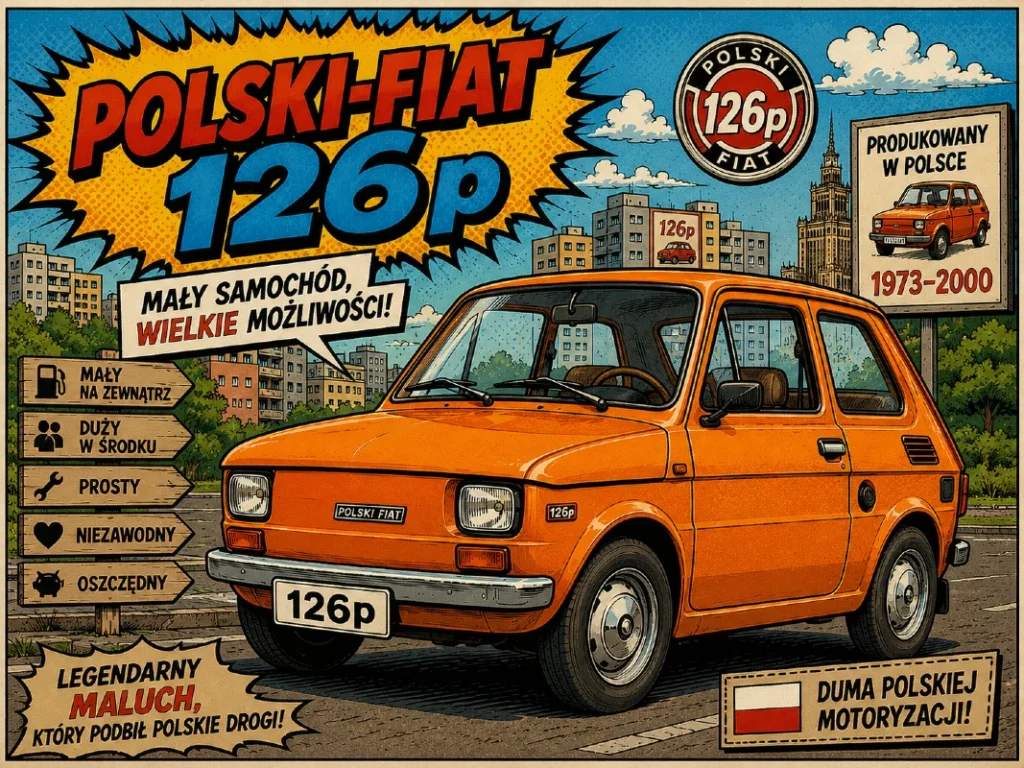 Karikaturalni prikaz modela Polski-Fiat 126p u retro comic ilustrativnom stilu sa vintage poljskim automobilom