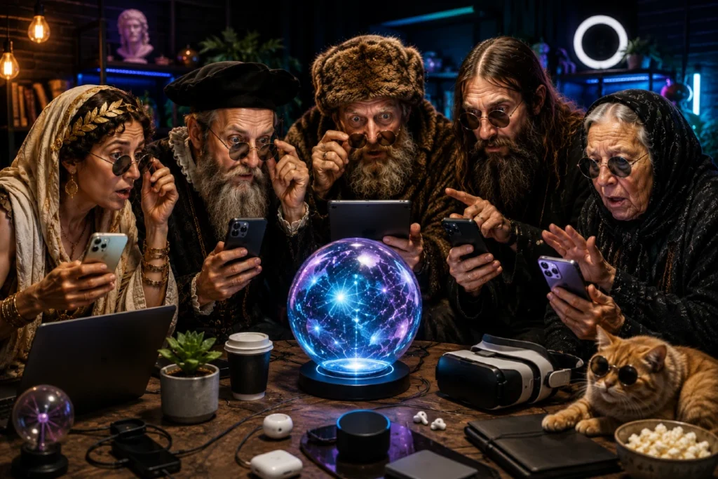 5 proroka koji bi danas imali podkast 3 Pitija, Nostradamus, Tarabići, Raspućin i Baba Vanga koriste telefone i gledaju futurističku kristalnu kuglu u modernom studiju