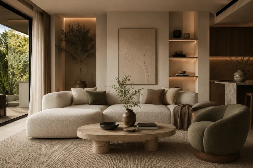 Moderan dnevni boravak inspirisan quiet luxury trendom sa toplim neutralnim tonovima, prirodnim materijalima i minimalističkim luksuzom