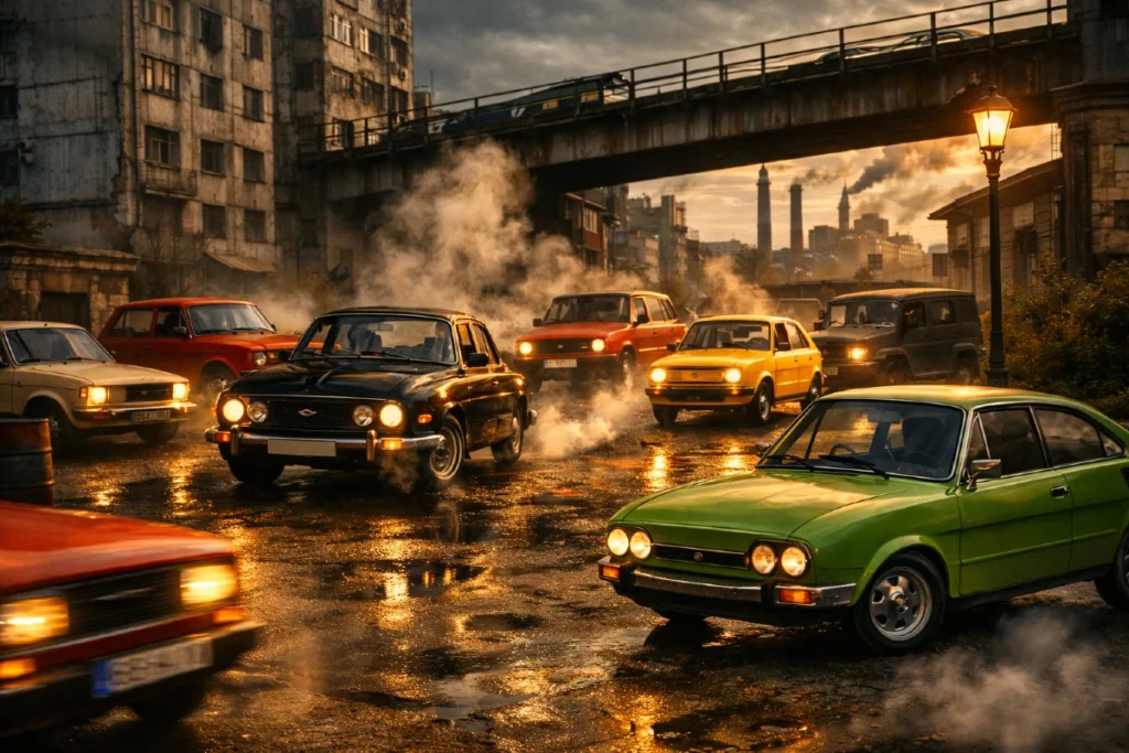 Retro automobili Istočnog bloka u urbanom industrijskom ambijentu — hrom, dim i karakter u pokretu