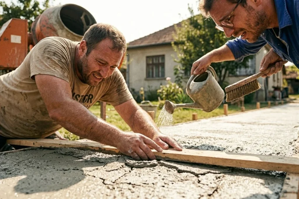Kako su dva genijalna uma i 1 mešalica za beton uštedeli novac i kreirali remek-delo 2 Dva radnika poravnavaju sveže izliven beton, jedan koristi drvenu letvu, drugi zaliva vodom iz metalne kante.