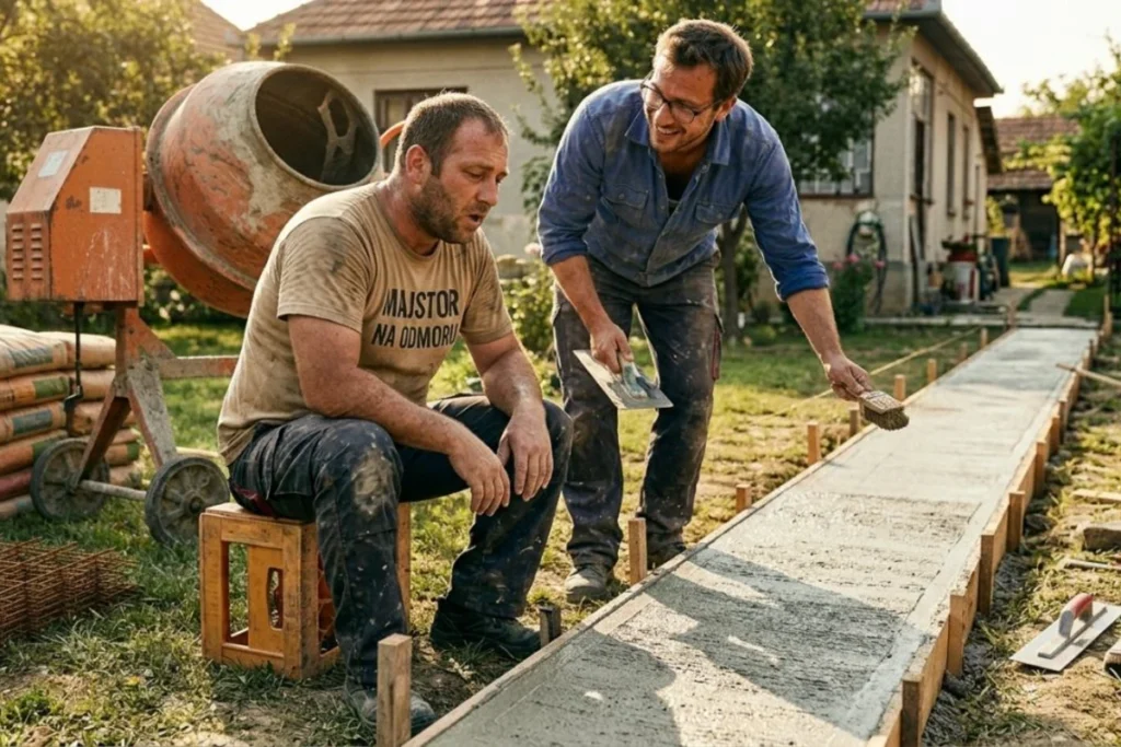 Kako su dva genijalna uma i 1 mešalica za beton uštedeli novac i kreirali remek-delo 3 Dva radnika na gradilištu pored narandžaste mešalice, jedan sedi na sanduku, drugi ravna sveže izliven beton.