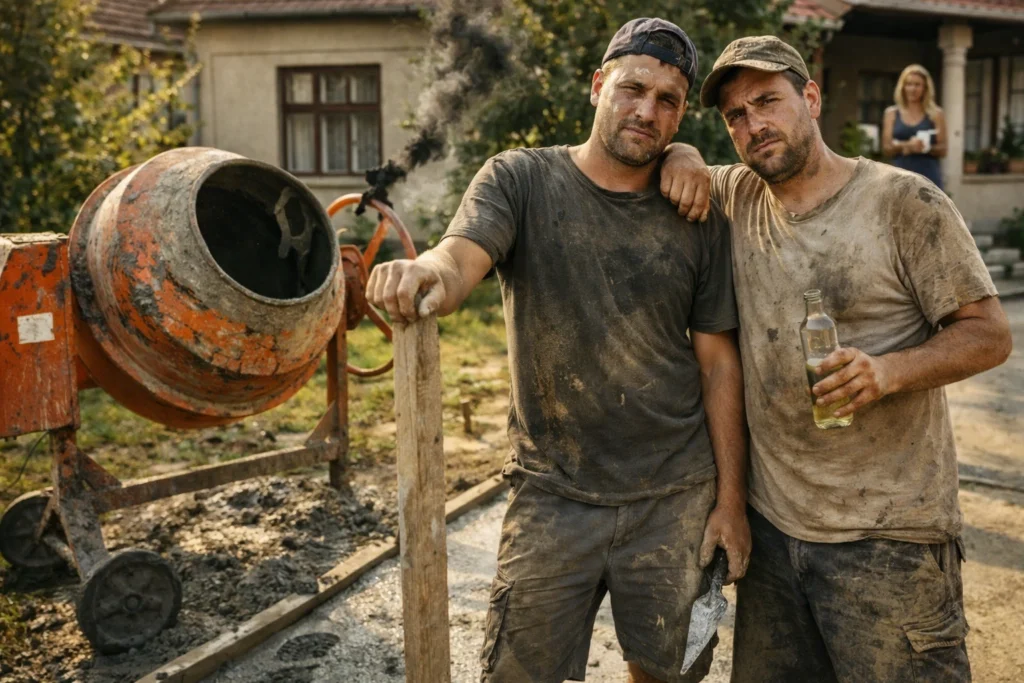 Kako su dva genijalna uma i 1 mešalica za beton uštedeli novac i kreirali remek-delo 1 Dva genijalna uma pored stare narandžaste mešalice za beton, jedan drži letvu, drugi flašu rakije.