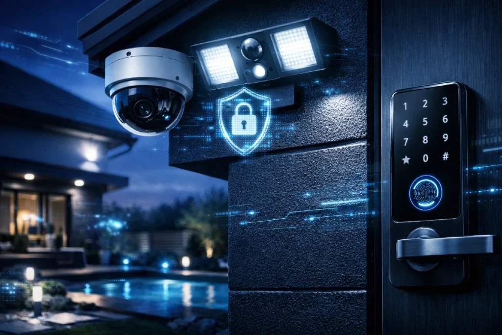 10 znakova da je sigurnosni sistem za eksterijer vrhunski izbor 4 Cyber‑security detalj spoljnog sigurnosnog sistema na modernoj kući – kamera, reflektor i pametna brava sa digitalnim efektima