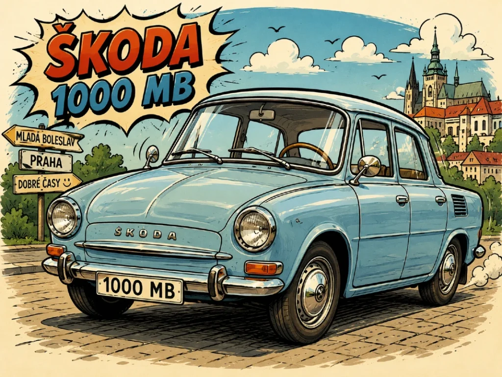 Karikaturalni prikaz modela Škoda 1000 MB u retro ilustrativnom stilu sa vintage automobilskim detaljima
