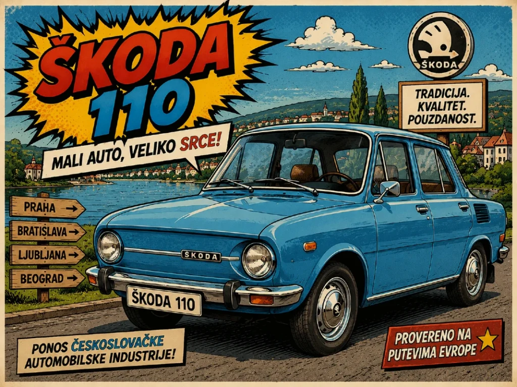 Karikaturalni prikaz modela Škoda 110 u retro comic ilustrativnom stilu sa vintage čehoslovačkim automobilom
