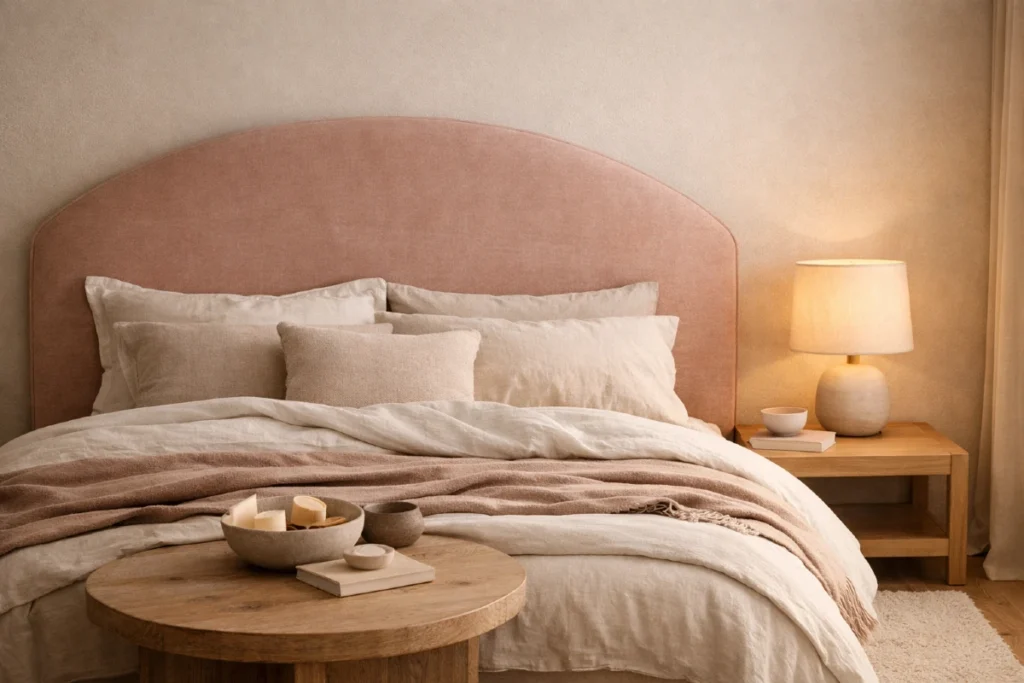 Mirni enterijeri: 8 stilova zbog kojih domovi konačno izgledaju mirno, toplo i luksuzno 9 Soft Minimalism spavaća soba sa zaobljenom tablom kreveta u dusty pink tonu, mekim slojevima posteljine i jednom noćnom lampom — nežno, minimalistički i toplo.