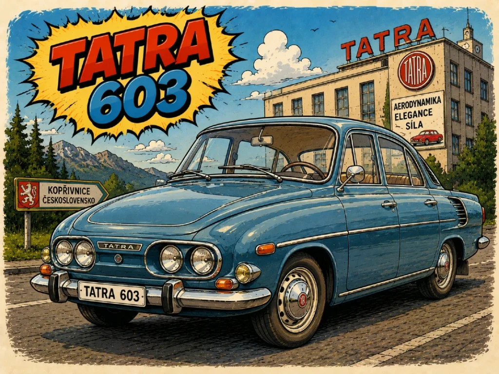 Karikaturalni prikaz modela Tatra 603 u retro comic ilustrativnom stilu sa vintage čehoslovačkim automobilom