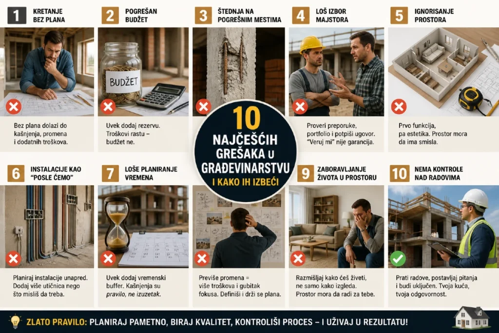 10 grešaka u gradnji koje pretvaraju projekat u noćnu moru 2 Top 10 najčešćih grešaka u građevinarstvu i kako ih izbeći kroz pregled ključnih problema u gradnji.
