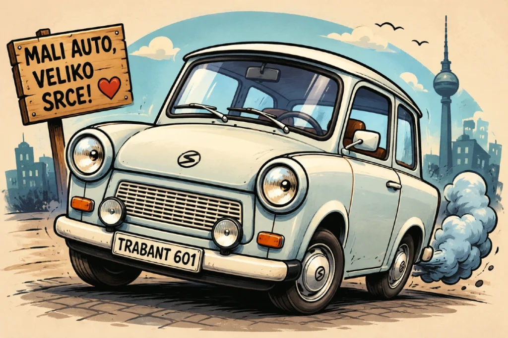 trabant 601 karikatura retro ilustracija sredi uredi
