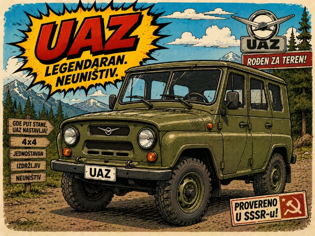 Karikaturalni prikaz modela UAZ u retro comic ilustrativnom stilu sa vintage sovjetskim terenskim vozilom
