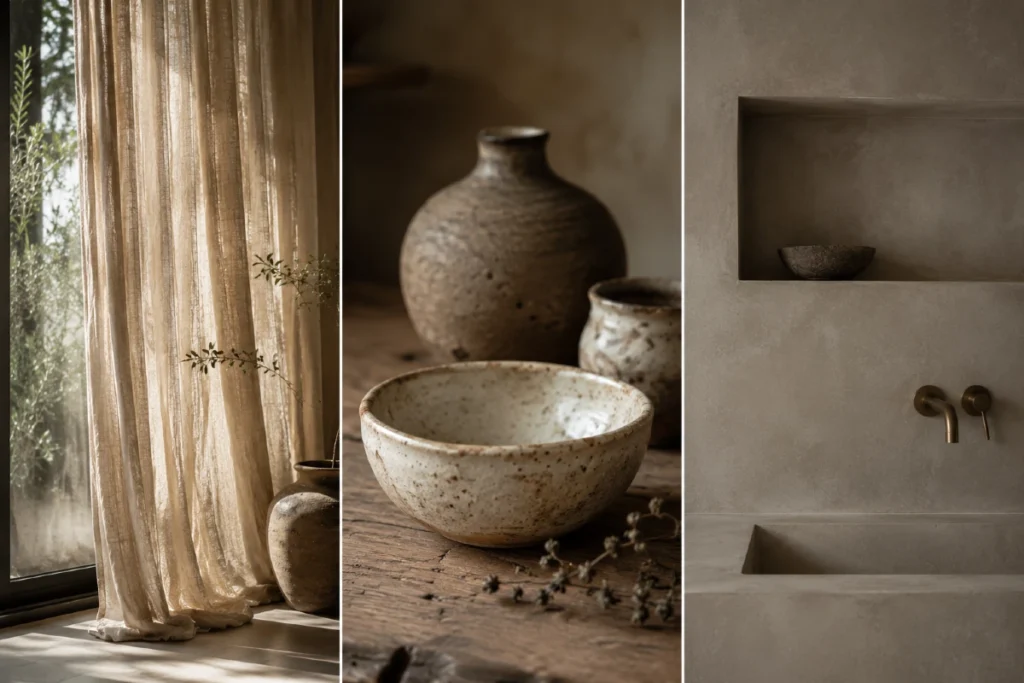 7 razloga zašto Wabi-Sabi stil osvaja domove koji su "previše savršeni" 3 Wabi-Sabi stil kroz prirodne teksture neobrađenog drveta, lanene zavese i ručno rađenu keramiku u enterijeru.