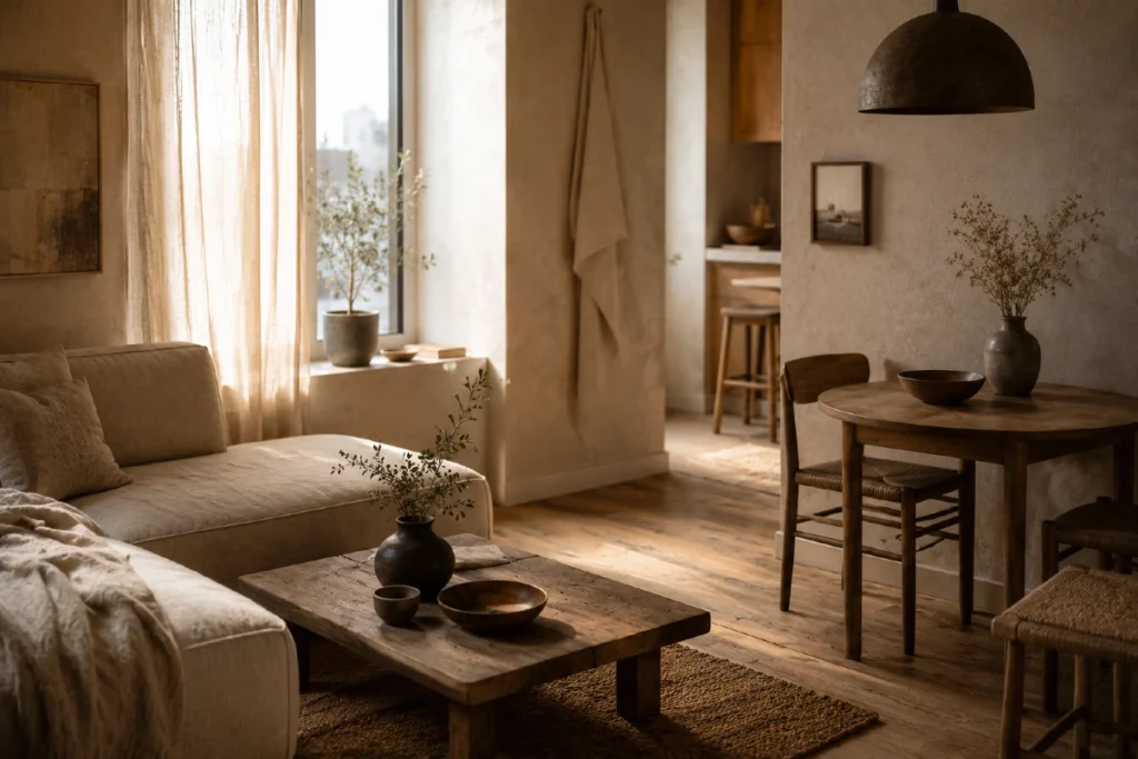 7 razloga zašto Wabi-Sabi stil osvaja domove koji su "previše savršeni" 4 Mali stan uređen u Wabi-Sabi stilu sa prirodnim svetlom, lanenim zavesama, drvenim stolom i toplim zemljanim tonovima