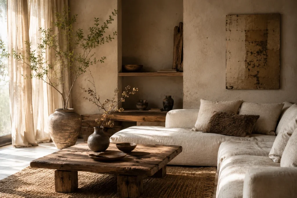 7 razloga zašto Wabi-Sabi stil osvaja domove koji su "previše savršeni" 1 Wabi-Sabi stil - dnevna soba sa prirodnim svetlom, rustičnim drvetom, lanenim zavesama i toplim minimalističkim enterijerom