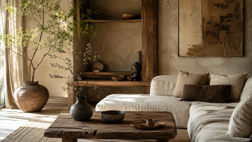 Wabi-Sabi dnevna soba sa prirodnim drvetom, lanenim teksturama, toplim svetlom i nesavršenim detaljima koji stvaraju mirnu atmosferu doma