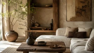 Wabi-Sabi dnevna soba sa prirodnim drvetom, lanenim teksturama, toplim svetlom i nesavršenim detaljima koji stvaraju mirnu atmosferu doma
