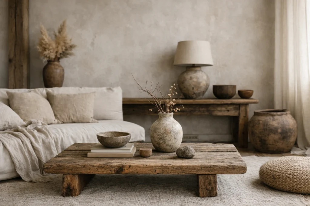7 razloga zašto Wabi-Sabi stil osvaja domove koji su "previše savršeni" 5 Wabi‑Sabi dnevna soba sa prirodnim materijalima, drvenim stočićem i ručno rađenom keramikom