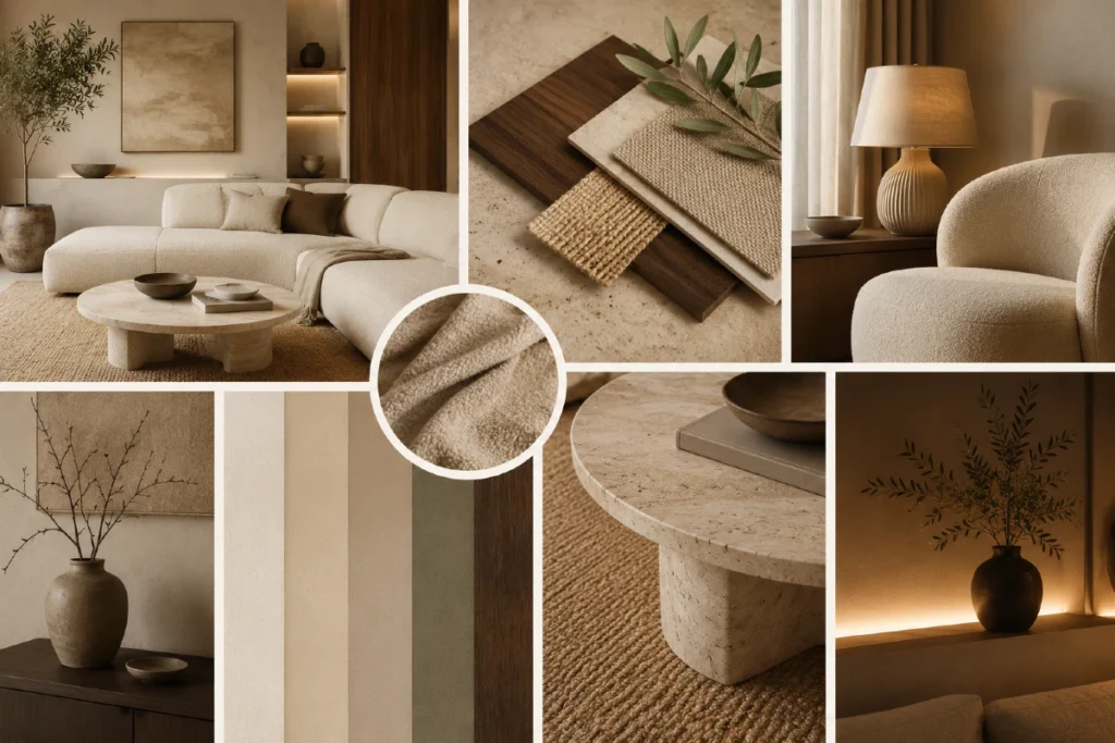 Warm Minimalism: 7 razloga zbog kojih luksuzni domovi više ne izgledaju hladno 3 Warm Minimalism kolaž sa krem tonovima, boucle teksturom, travertin detaljima, tamnim drvetom i toplim ambijentalnim osvetljenjem
