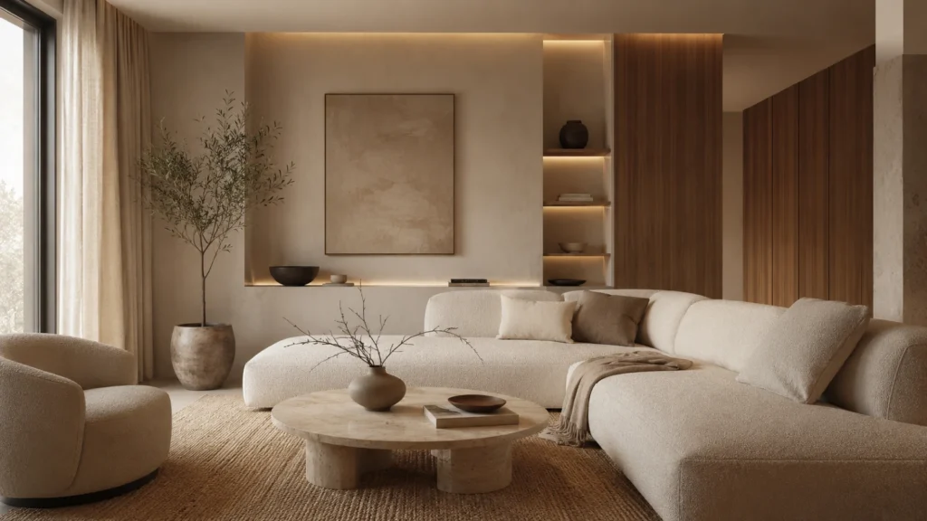 Warm Minimalism dnevna soba sa krem tonovima, boucle sofom, travertin stočićem i toplim ambijentalnim osvetljenjem