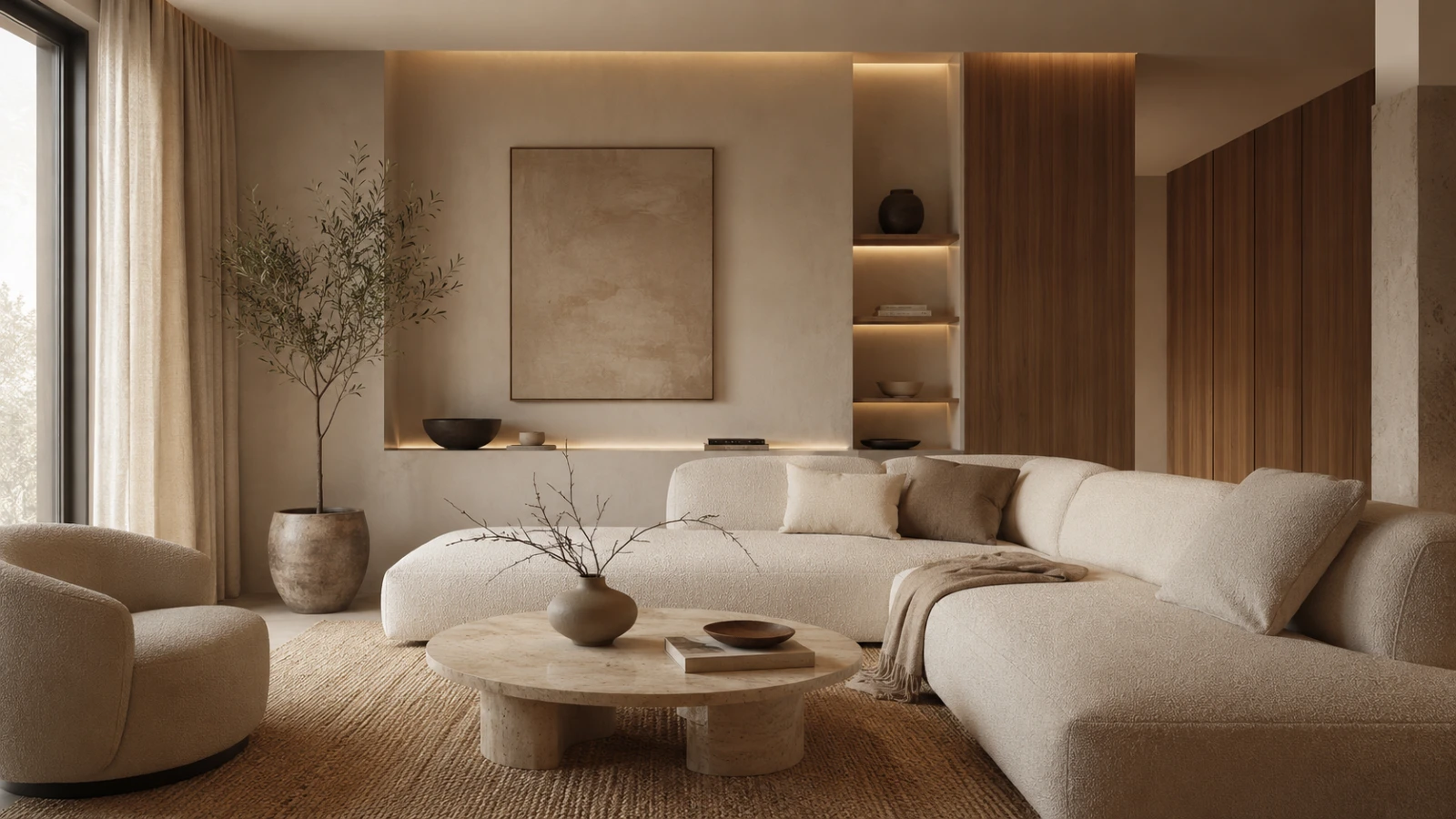 Warm Minimalism dnevna soba sa krem tonovima, boucle sofom, travertin stočićem i toplim ambijentalnim osvetljenjem