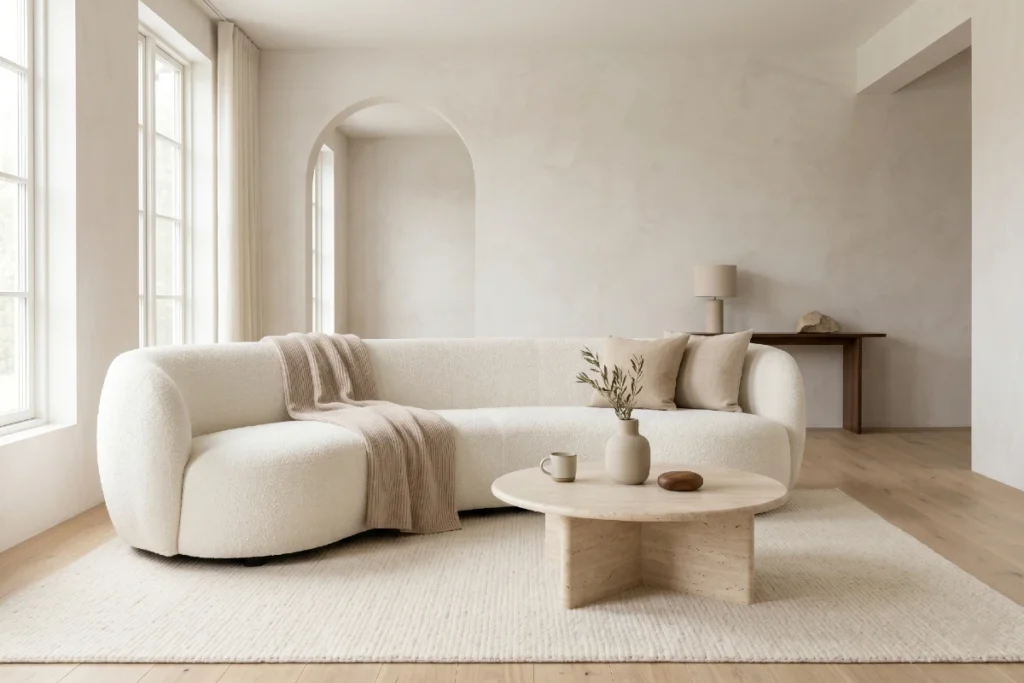 Warm Minimalism: 7 razloga zbog kojih luksuzni domovi više ne izgledaju hladno 1 Warm Minimalism u luksuznom dnevnom boravku sa zaobljenom boucle sofom i klub stolom od travertina.