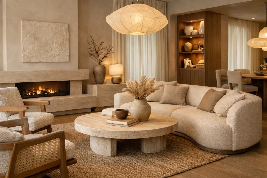 Warm Minimalism: 7 razloga zbog kojih luksuzni domovi više ne izgledaju hladno 2 Warm Minimalism luksuzni dnevni boravak sa bouclé sofom, travertin stolom i toplim neutralnim tonovima