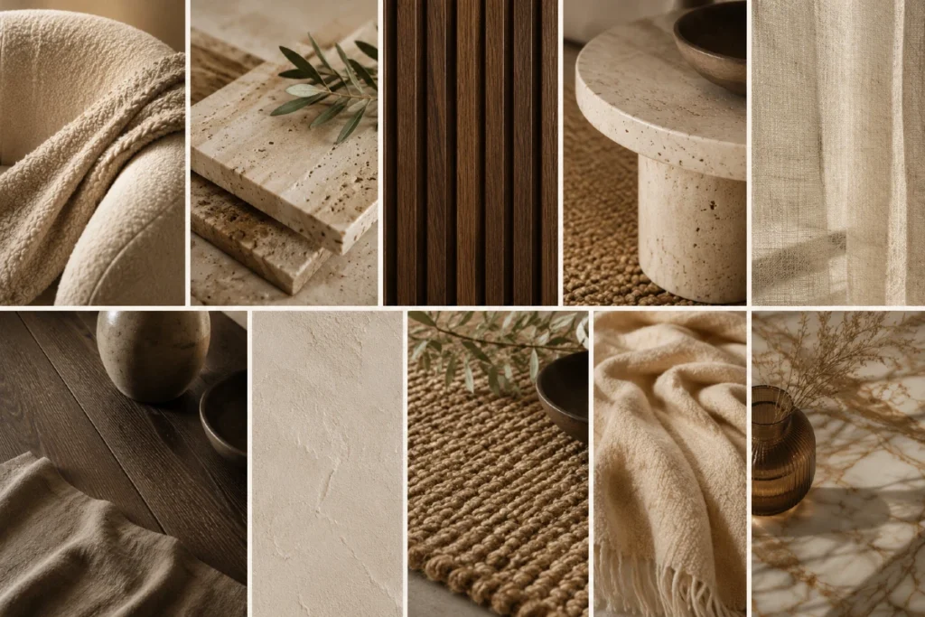 Warm Minimalism: 7 razloga zbog kojih luksuzni domovi više ne izgledaju hladno 4 Warm Minimalism kolaž sa travertinom, tamnim drvetom, boucle teksturom, lanom i prirodnim materijalima u toplim neutralnim tonovima