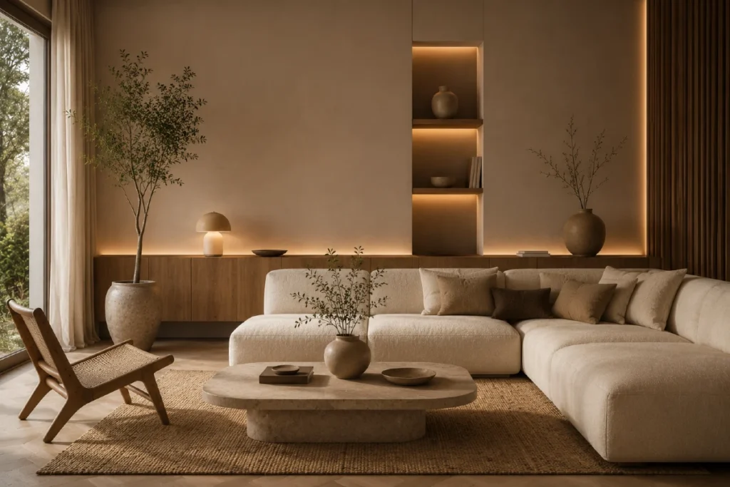 Warm Minimalism dnevni boravak sa toplim osvetljenjem, organskim teksturama i luksuznim minimalističkim enterijerom