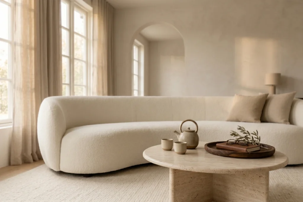 Warm Minimalism: 7 razloga zbog kojih luksuzni domovi više ne izgledaju hladno 5 Warm Minimalism interijer: krupni kadar travertine stočića sa čajnikom i knjigom u dnevnom boravku koji odiše mirom.