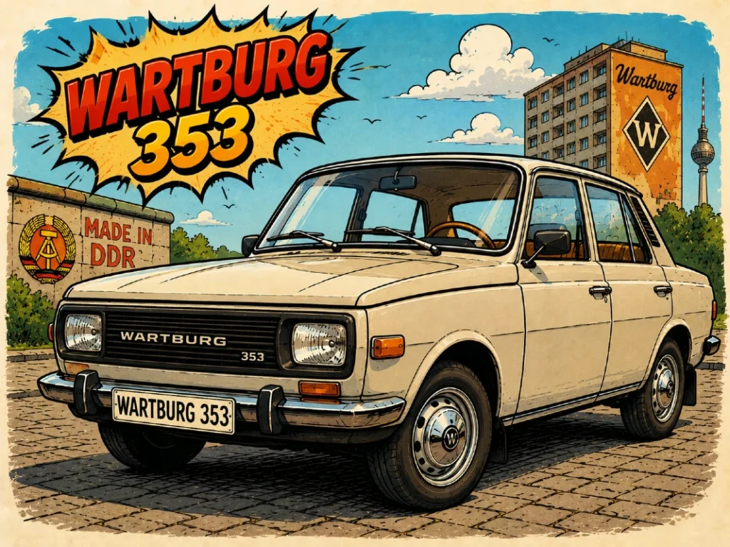 Karikaturalni prikaz modela Wartburg 353 u retro comic ilustrativnom stilu sa vintage istočnonemačkim automobilom
