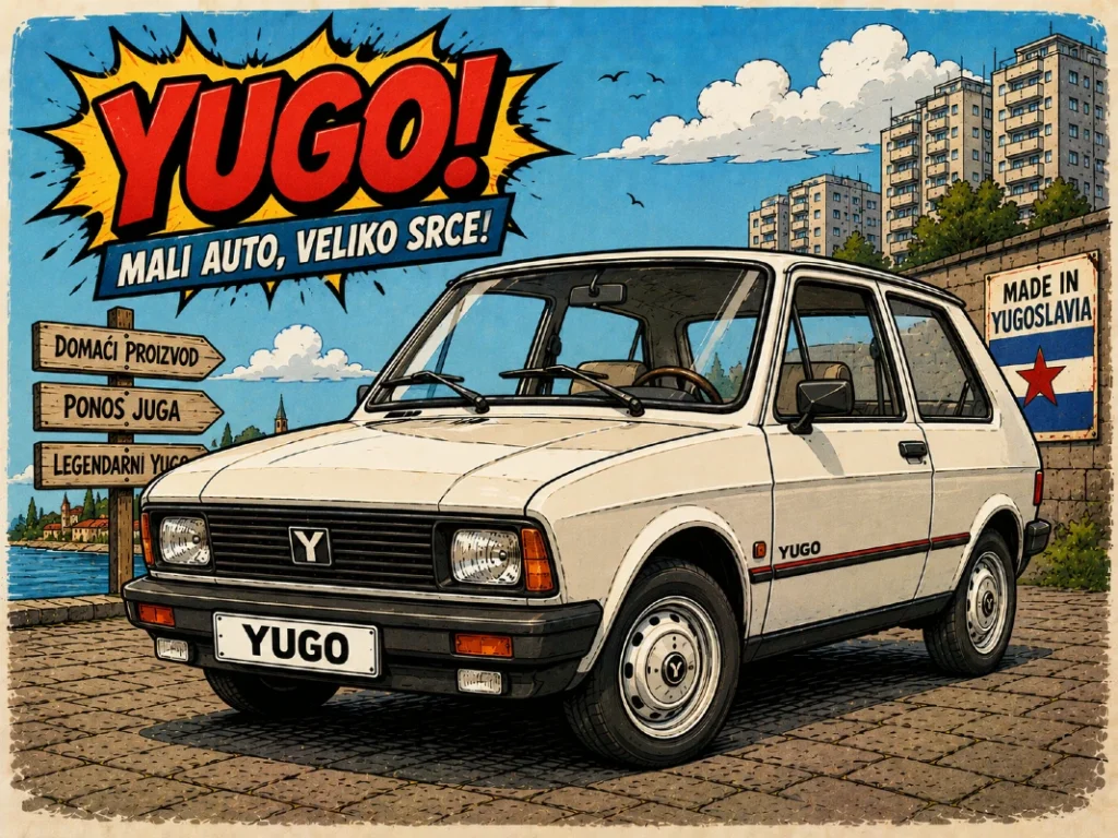 Karikaturalni prikaz modela Yugo u retro comic ilustrativnom stilu sa vintage jugoslovenskim automobilom