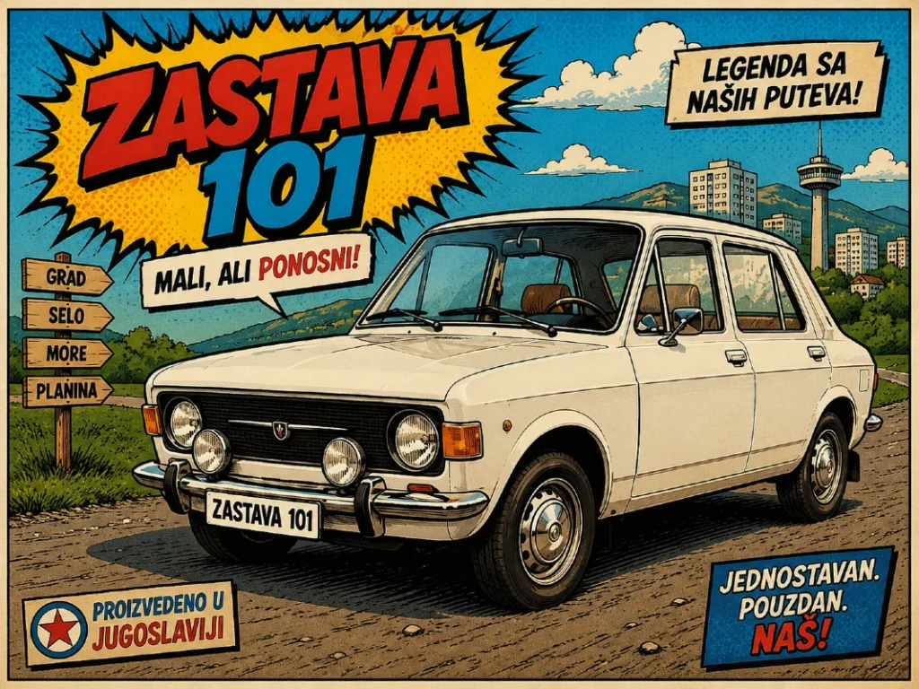 Karikaturalni prikaz modela Zastava 101 Stojadin u retro comic ilustrativnom stilu sa vintage jugoslovenskim automobilom